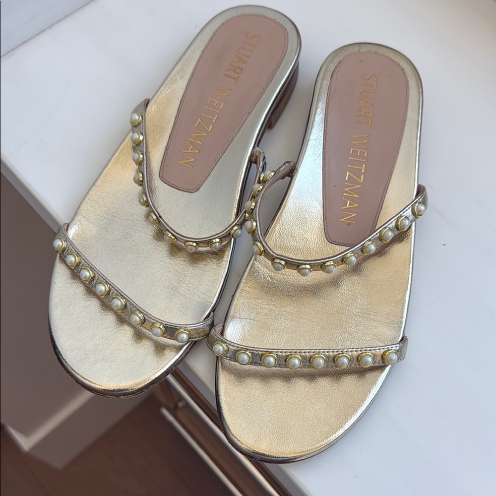 Stuart Weitzman Gold Pearl-Trim Slide Sandals
